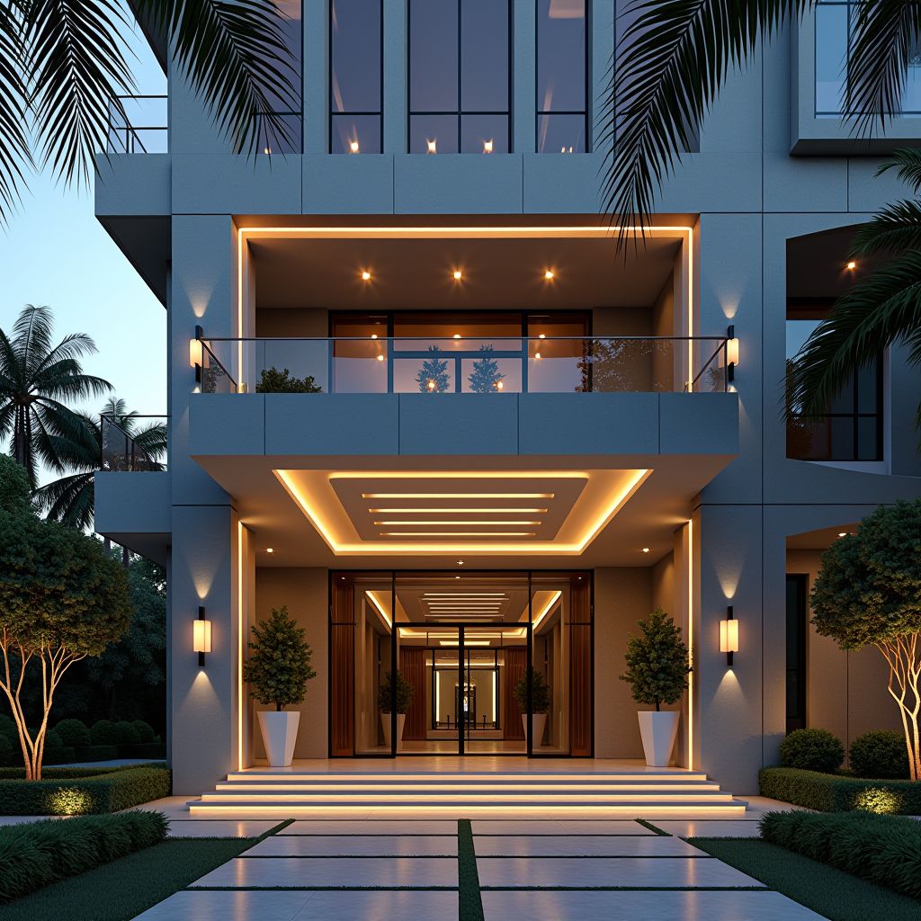 Modern luxury hospitality architecture featuring elegant facade design with sophisticated lighting, grand entrance, and contemporary geometric elements showcasing premium architectural design for upscale venues
