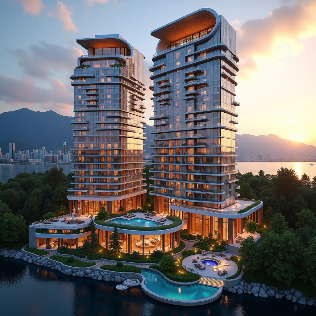 Stunning architectural rendering of the luxury resort complex in Riga featuring a modern glass and steel tower design with elegant curved lines, surrounded by landscaped gardens and water features, set against the backdrop of Riga's mountain skyline at sunset with warm golden lighting illuminating the building's facade
