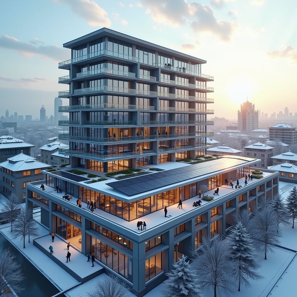 Modern luxury hotel complex in Riga with solar panels being installed on rooftop, construction workers visible, sustainable architecture features, urban skyline in background, bright winter day