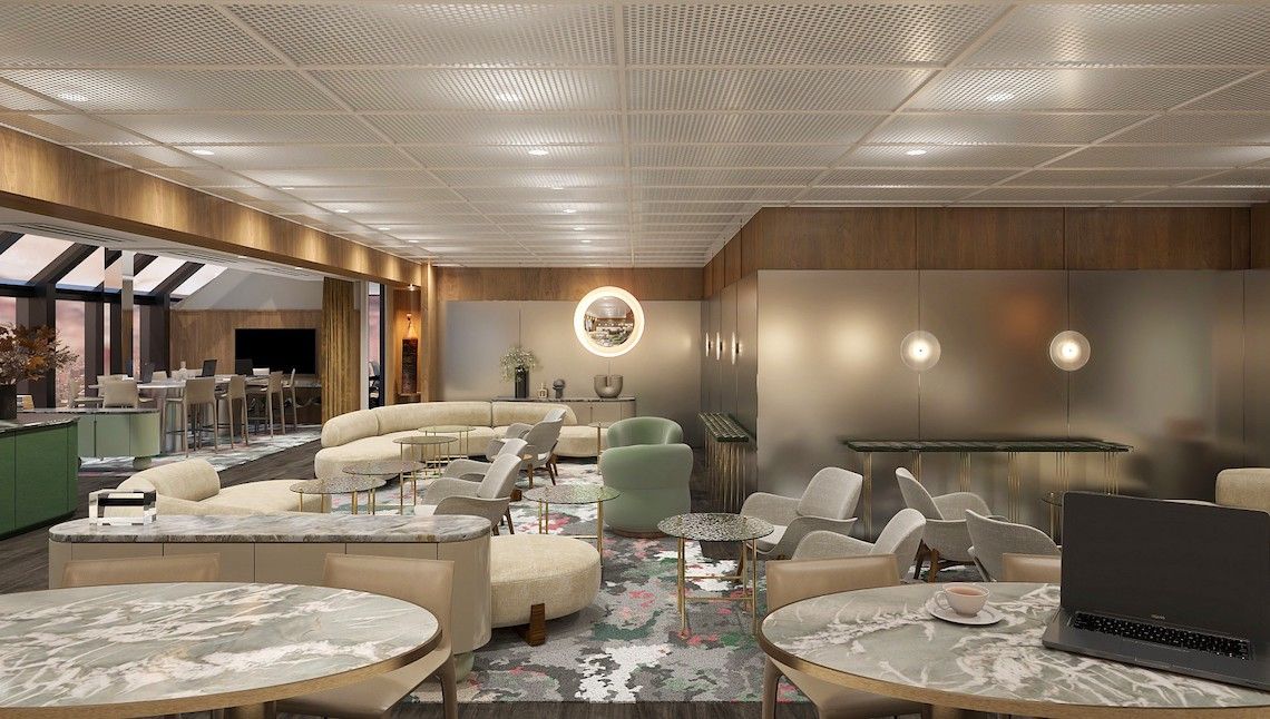 Elegant luxury resort suite with panoramic mountain views, featuring plush king-size bed with champagne gold accents, modern furnishings, floor-to-ceiling windows, and sophisticated interior design showcasing premium hospitality standards