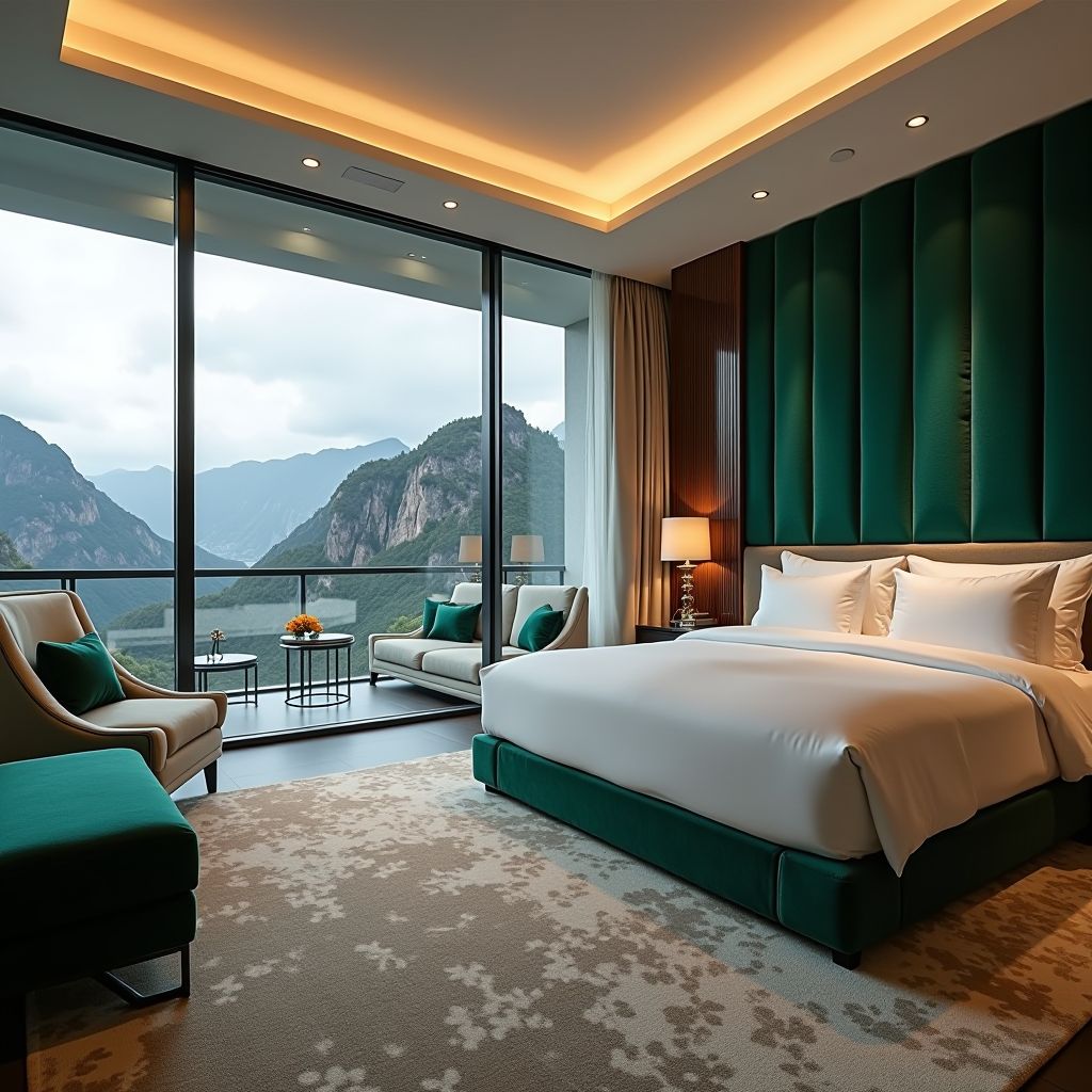 Spacious luxury hotel suite featuring contemporary furnishings, king-size bed with premium linens, elegant seating area, floor-to-ceiling windows with panoramic mountain views, sophisticated lighting design, and rich textural elements in emerald and gold tones