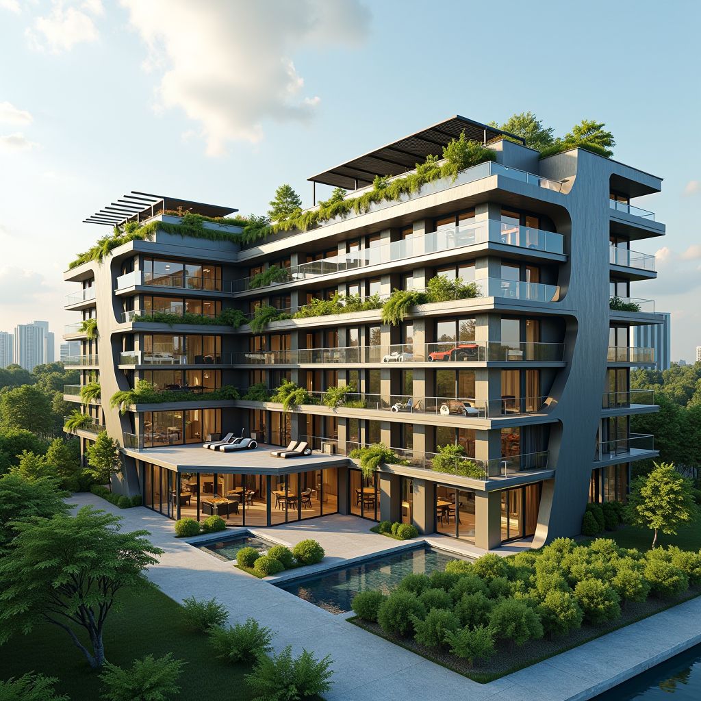 Modern hotel complex in Riga with solar panels on rooftop, green architectural elements, sustainable design features, and eco-friendly technology installations