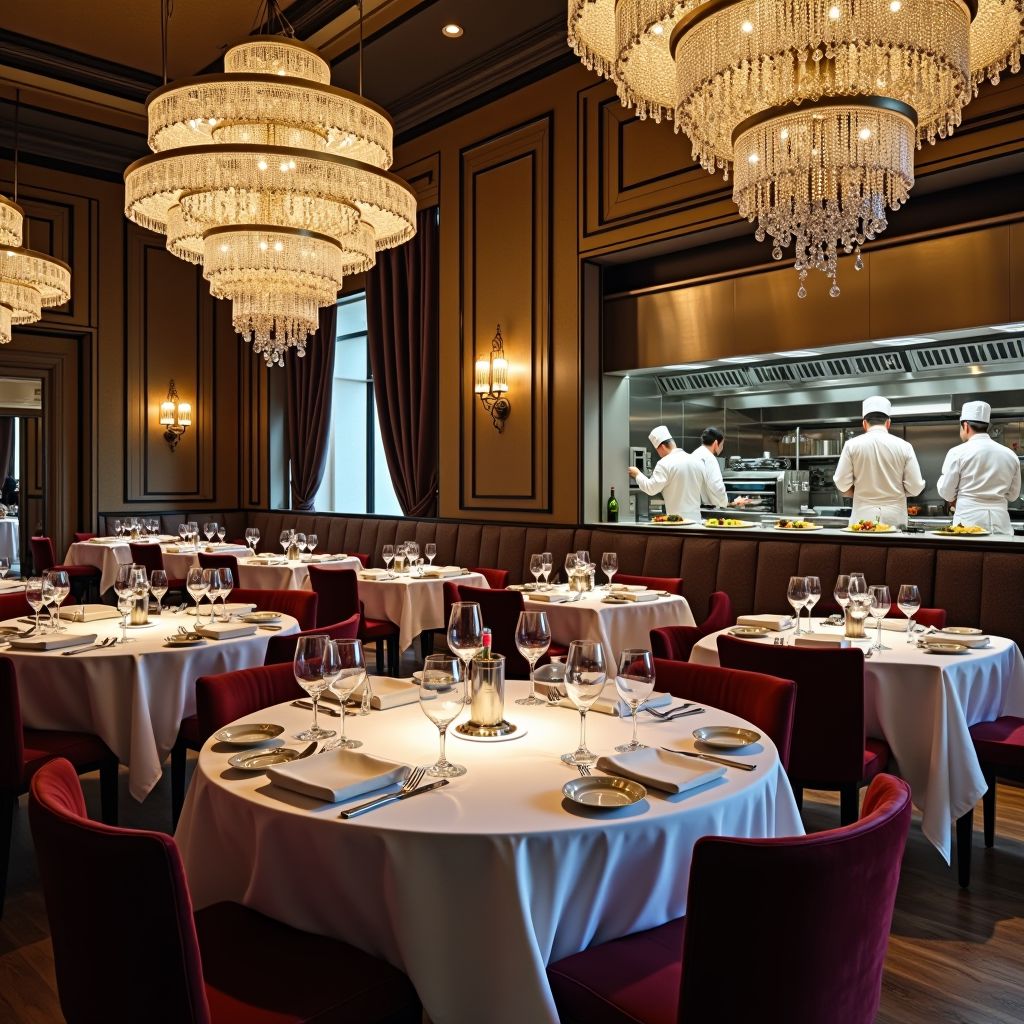 Award-winning restaurant interior with elegant table settings, crystal chandeliers, sophisticated architectural design, professional chefs preparing gourmet international cuisine in open kitchen, creating memorable culinary experience in luxury hospitality environment
