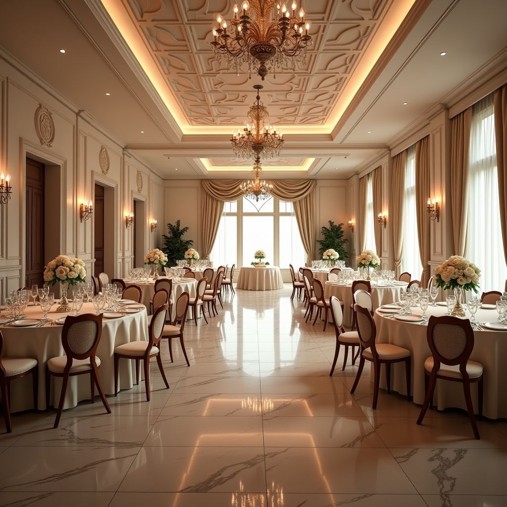 Luxurious wedding ballroom with elegant table settings, romantic lighting, floral centerpieces, draped ceiling decorations, and sophisticated architectural features creating a romantic atmosphere