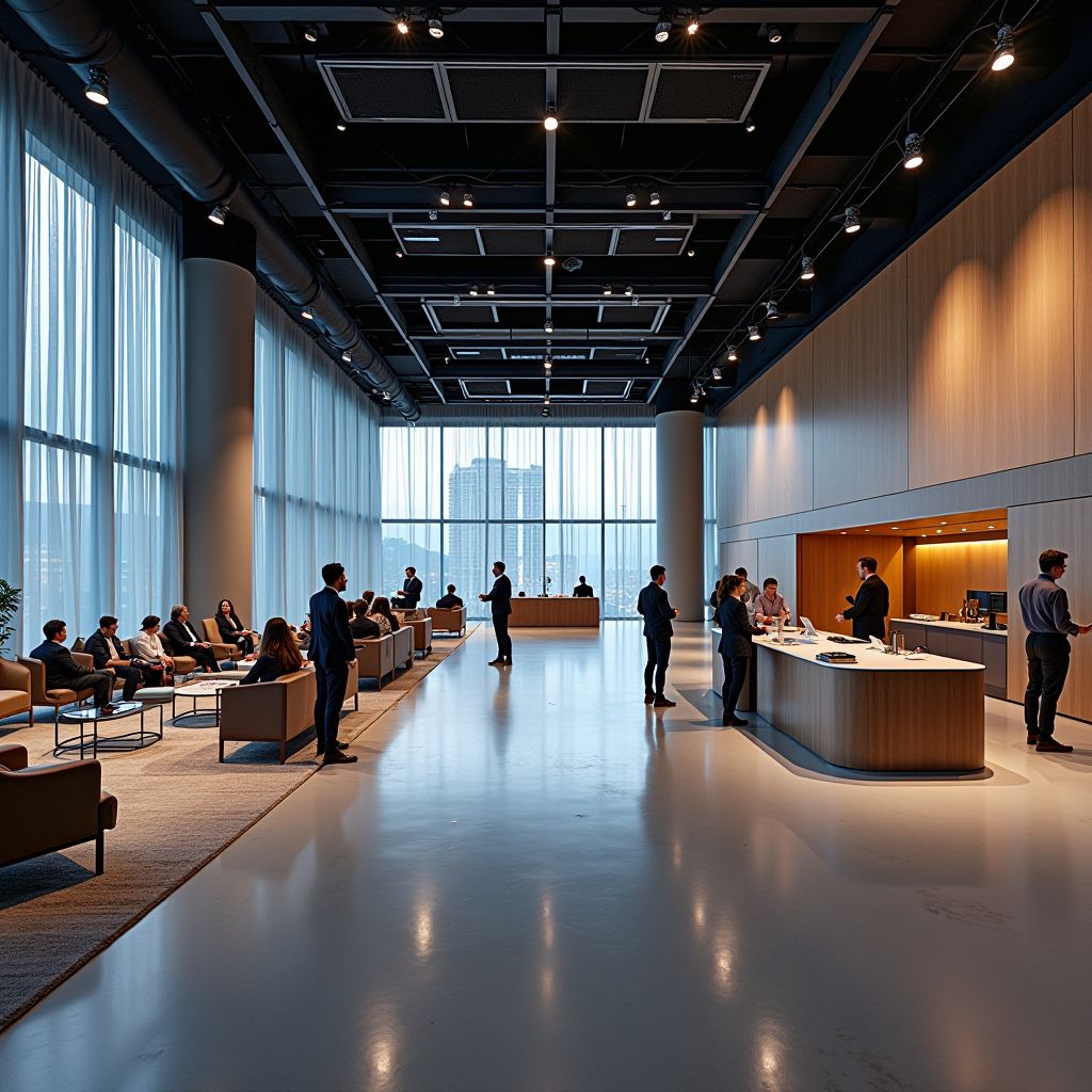 Large modern conference center in Riga with sophisticated interior design, professional hospitality setup, international attendees networking, and innovative technology displays