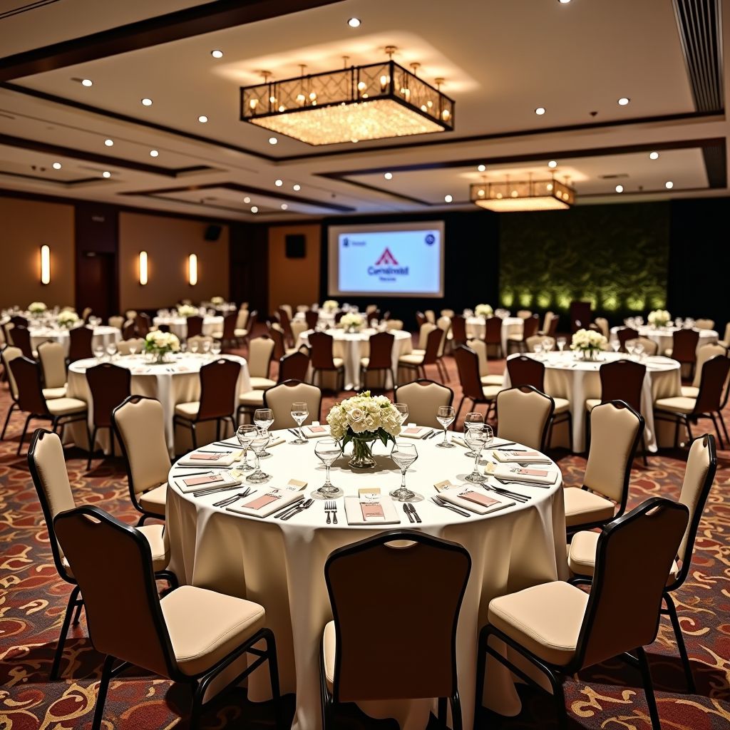 State-of-the-art conference venue with flexible meeting spaces, advanced audiovisual technology, elegant wedding reception setup with floral arrangements, professional event coordination team managing corporate gathering in luxurious Riga hotel property