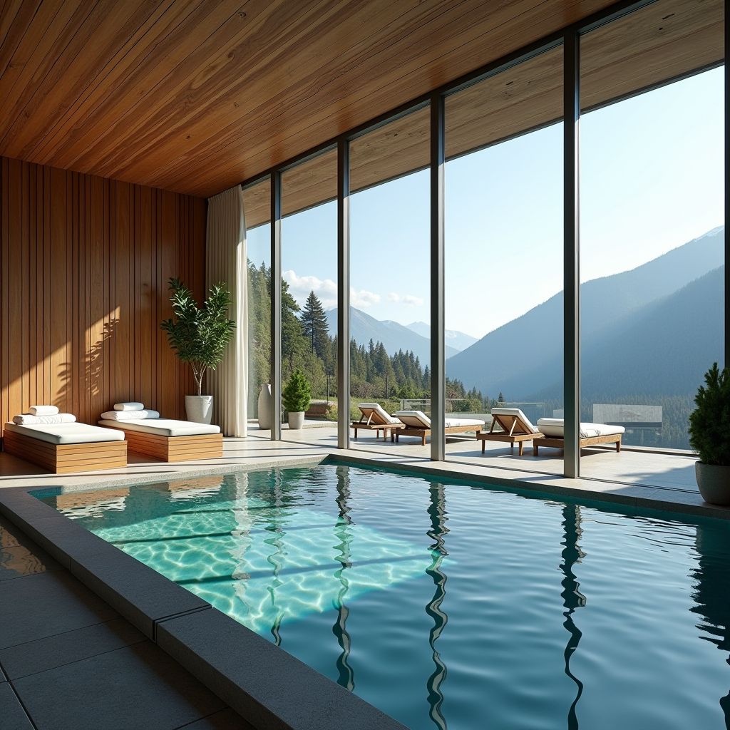 Luxurious spa facility with serene treatment rooms, infinity pool overlooking mountains, modern fitness center with premium equipment, yoga studio with natural lighting, tranquil relaxation areas promoting holistic wellness and rejuvenation at Latvian resort